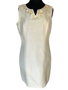 Sleeveless Cream Midi Silk Mother of Bride Dress Embroidered Beaded Floral Neck